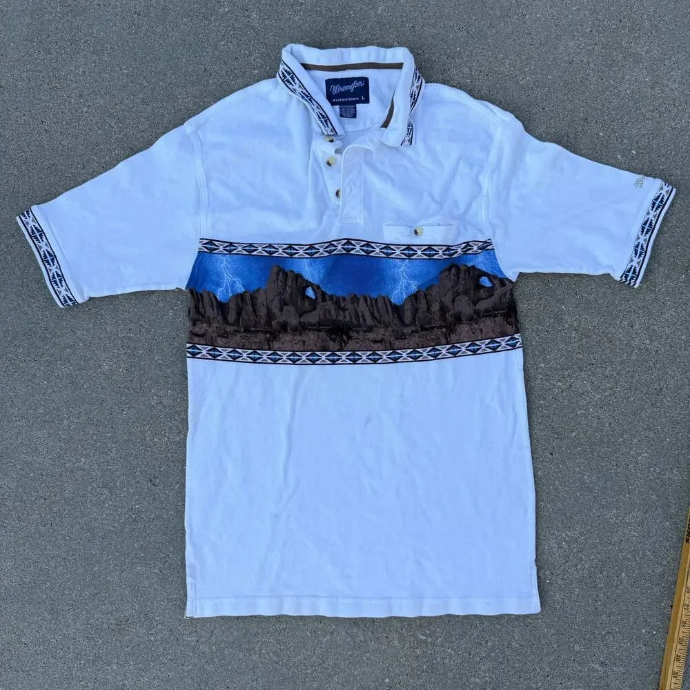Vintae 90s Wrangler Desert Rock Mountain Scene White Polo Shirt Aztec LARGE